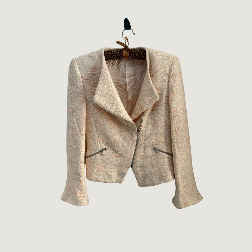 Zara Basic Women Cream Neon Tweed‎ Asymmetrical Moto Jacket Blazer Size Small